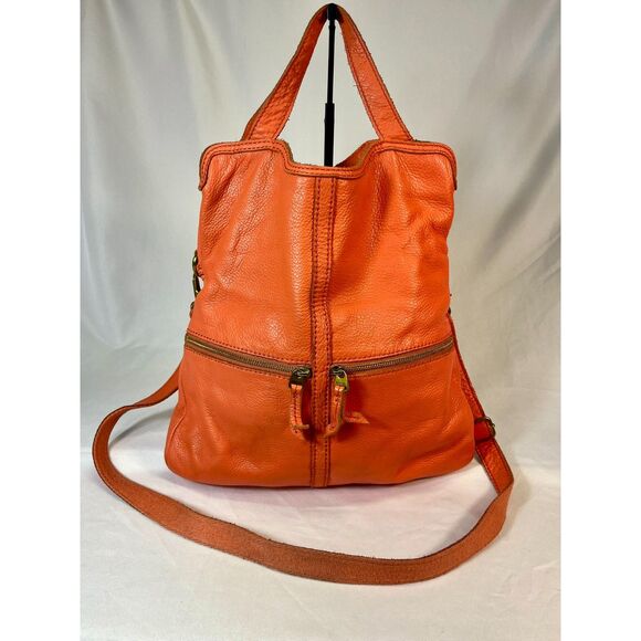 FOSSIL Erin Pebbled Leather Large Top Handle Foldover Crossbody Satchel Salmon - Picture 1 of 12